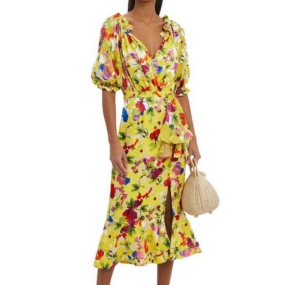 SALONI Olivia Womens Yellow Poppy Floral Midi Ruffle Ruched Dress Silk Size 4